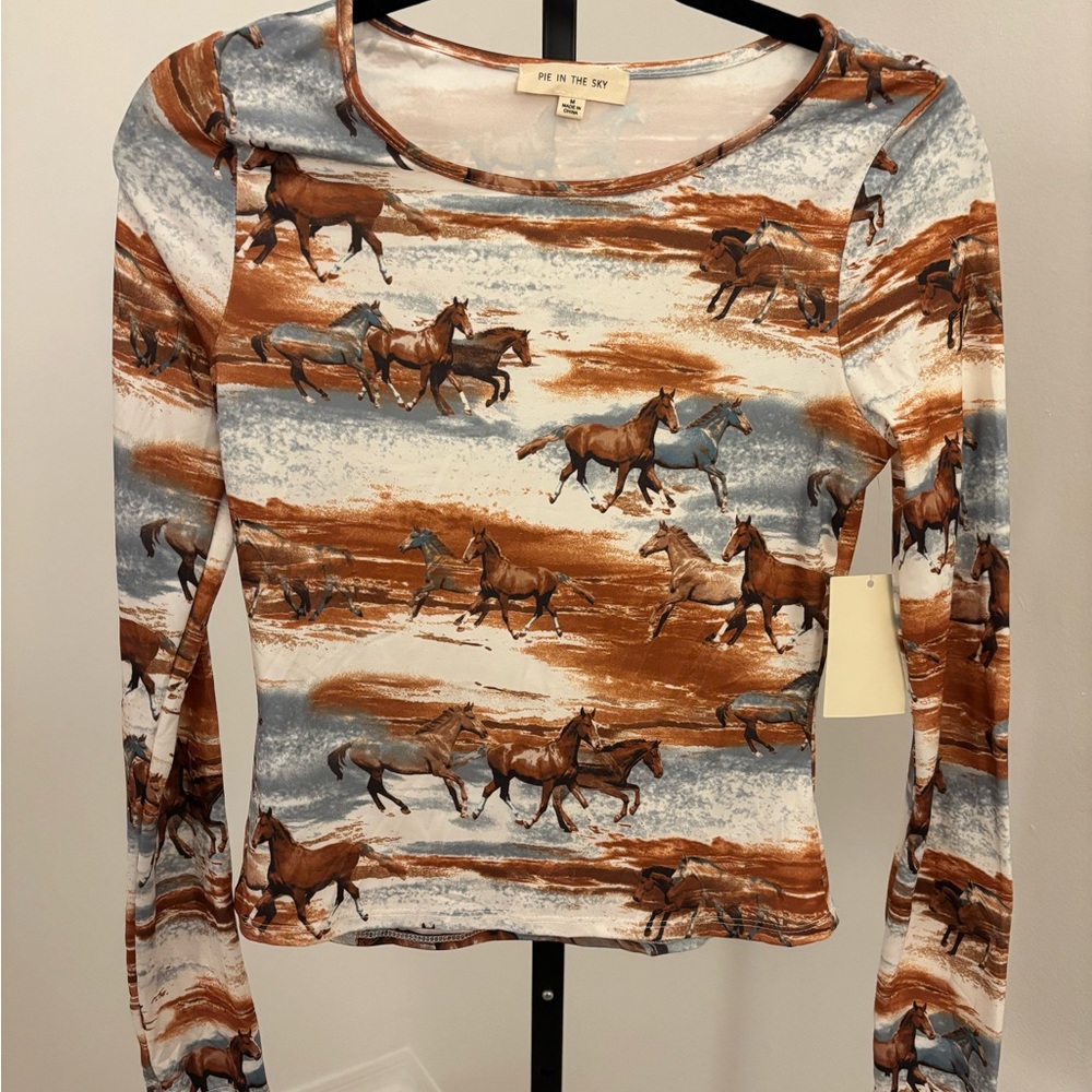Brown and Gray Horse Print Women's Top